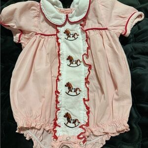 Smocked Pink and White Baby Romper with Horse Motif